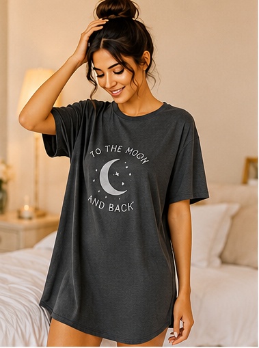 Women’s Charcoal Grey “To the Moon and Back” Printed Oversized Sleep T-Shirt